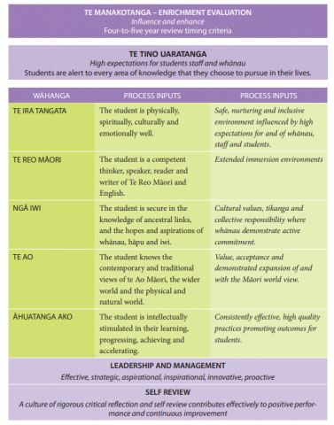 This table sets out the Criteria for Te Manakotanga Enrichment evaluation.