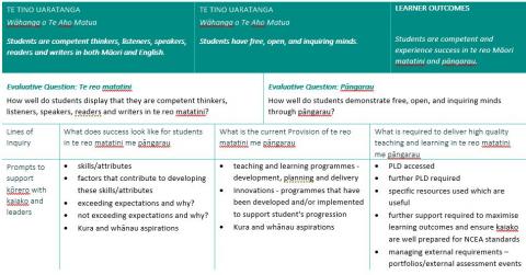 Te Reo Matatini and Pangarau Evaluation Framework detailing what success looks like for students, the current Provision of te reo, and what is required to deliver quality teaching and learning in te reo matatini me pāngarau