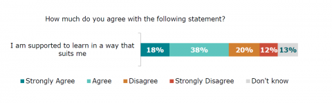 Figure thirty-one is a graph showing disabled learners’ agreement with the statement ‘I am supported to learn in a way that suits me’. Eighteen percent strongly agreed. Thirty-eight percent agreed. Twenty percent disagreed. Twelve percent strongly disagreed. Thirteen percent reported they did not know.