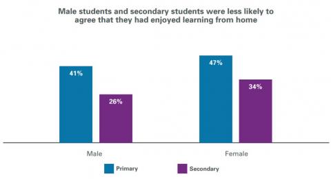 Figure 15 is a bar graph showing the extent to which students enjoyed learning from home. For male students, forty-one percent of primary students and twenty-six percent of secondary students felt they enjoyed learning from home. For female students, forty-seven percent of primary students and thirty-four percent of secondary students felt they enjoyed learning from home. 