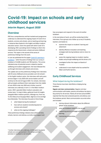 Covid-19 Impact on schools and early childhood services interim report cover