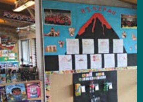 A classroom wall showing children's books and writing under a bulletin board with a paper volcano