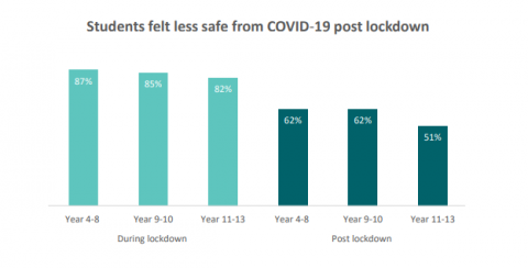 Figure 3 is a graph showing the percentage of students who agreed or strongly agreed that they were feeling safe from COVID-19, during lockdown and post lockdown.