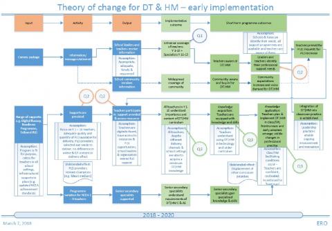 Figure 1 depicts the Theory of Change for DT|HM early implementation phases relating to support programmes and includes the groups of sub-questions marked at the appropriate stages.