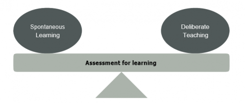 This image is seesaw like with the long board shape being Assessment for learning. Sitting above that showing equal balance are two ovals the one on the left reads Spontaneous learning the one on the right reads deilberate teaching.