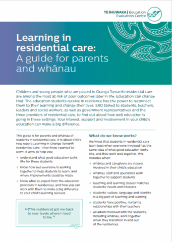 Learning in residential care parent and whānau guide cover